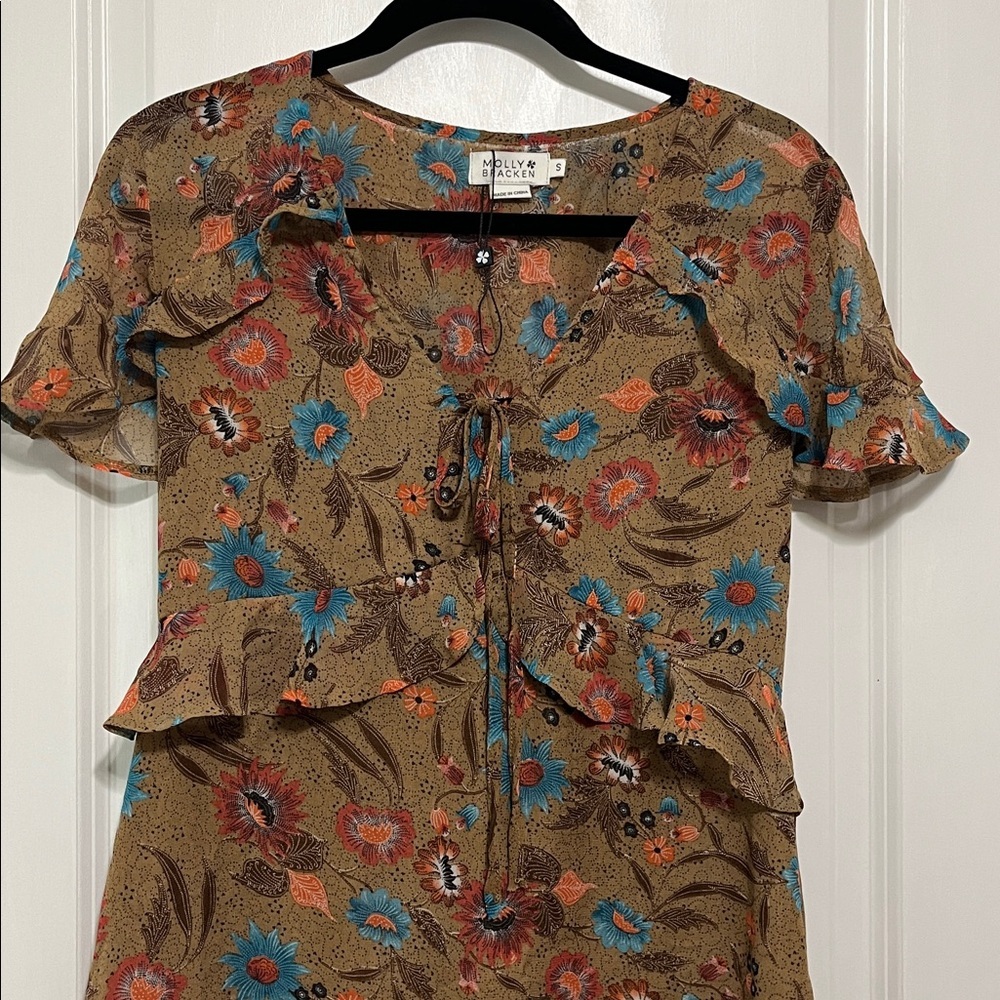 Molley Bracken Brown Peplum Waist Floral Dress Sz Small - Picture 2 of 6